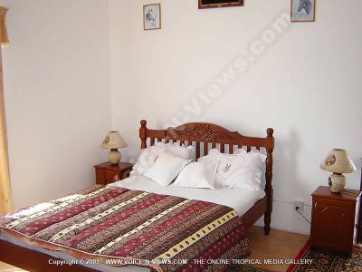 guest house les palmiers chamarel mauritius double room view
Les Palmiers Chamarel guesthouse double room view. This room has wooden furniture; double bed, bedside tables with lamps. 
Keywords: Les Palmiers Chamarel guesthouse, double room, wooden furniture, bed, side tables, lamps