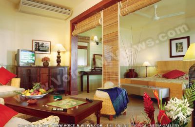 3 star veranda grand baie hotel & spa mauritius room view
Veranda Grand Baie bedroom. The rooms of the hotel are kept in a traditional style with wood, cane and delicately decorated fabrics. The rooms lead onto a terrace or a balcony and are equipped with all the standard facilities and air conditioning. The rooms overlook the swimming pool. There is a bathroom in the room, as well as a lounge. Both the bathroom and lounge can be closed with blinds to give privacy to the bedroom. The bedroom leads onto a small balcony where the guests can sit and relax
Keywords: 3*hotel, bedroom, traditional, wood, cane, decorated, fabrics, terrace, balcony, double bed, bathroom, lounge, fan, aircondition, t.v., balcony, coffee table, sofas
