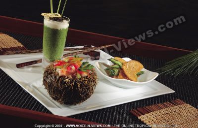 5 star hotel constance belle mare plage food display
The fundamentals plate from the tropical kitchens of the spice route thus blending flavors from Asia, Africa and Europe and different flavors from other country.Tasteful and  served in a coconut.
