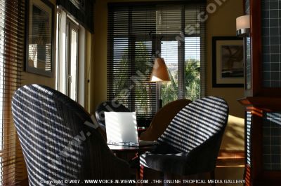 5 star hotel le suffren  and marina hotel rest area
The 5*Suffren and Marina Hotel rest area. There are two comfortable chairs around each of the small tables where guests can relax or do any personal work.
Keywords: 5*hotel, rest area, chairs, tables, relax, work