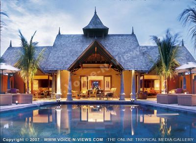 5 star hotel le taj exotica resort hotel view at night of the pool
