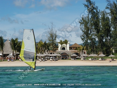 movenpick resort and spa mauritius wind surfing and hotel general view from the sea
