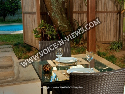 Garden Retreat hibiscus apartment terrace
Garden Retreat hibiscus apartment exterior patio with table and chair and access to swimming pool.
Keywords: Garden Retreat Apartment, Apartments Mauritius, Pereybere Apartments Mauritius