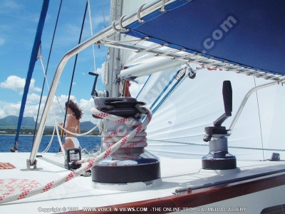 lady on catamaran mauritius

