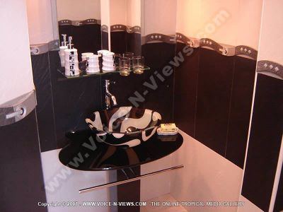 villa 4 heavens mauritius bathroom view
Four Heavens Villa bathroom view. The bathroom is decorated in black and white. There is a black and whtie glass basin, a towel rail and a bar of soap.
Keywords: Four Heavens Villa, bathroom, black, white, basin, soap, towel rail