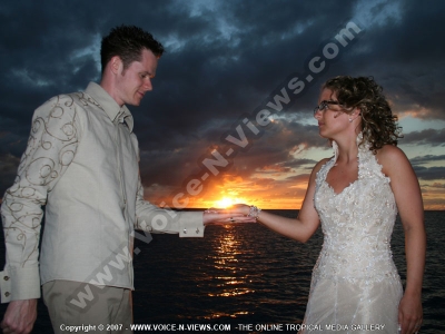 mauritius just married couple at le canonnier hotel sunset view
