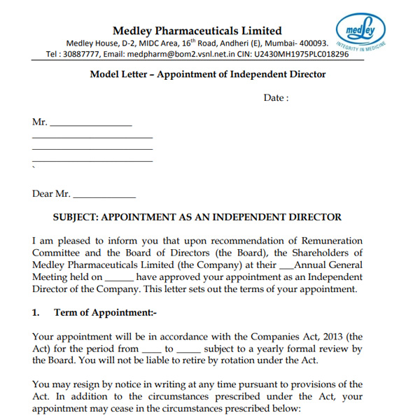 Model appointment letter of Independent Directors